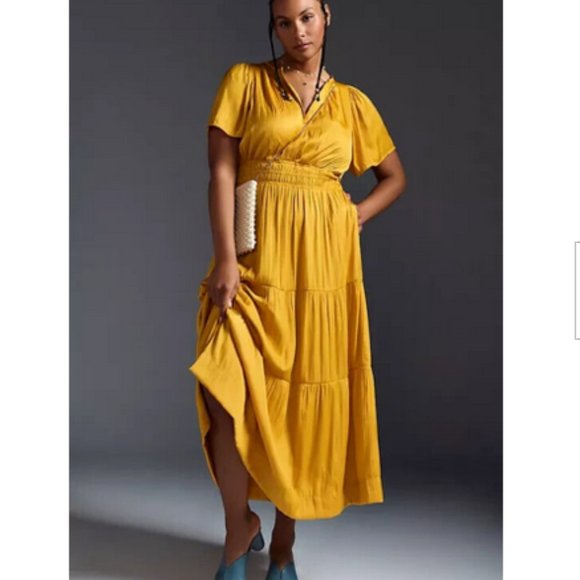 Anthropologie Dresses & Skirts - Anthropologie 3X NWT Somerset Maxi Dress Long Tiered Silky Satin Mango Yellow